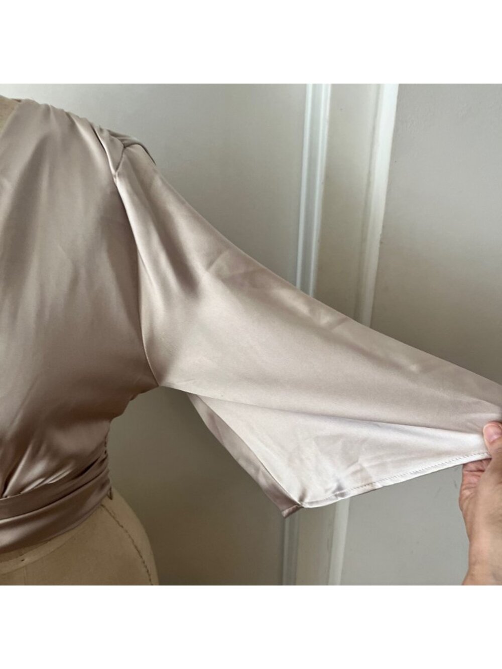 ZARA Silver Satin Cropped Blouse with Bell Sleeves, and Low V-Neck  Size XS - Picture 5 of 7